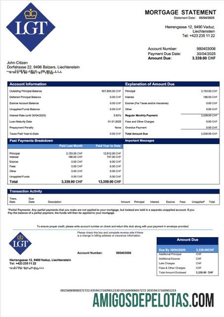 para download Modelo Word e PDF de extrato de hipoteca bancária LGT de Liechtenstein